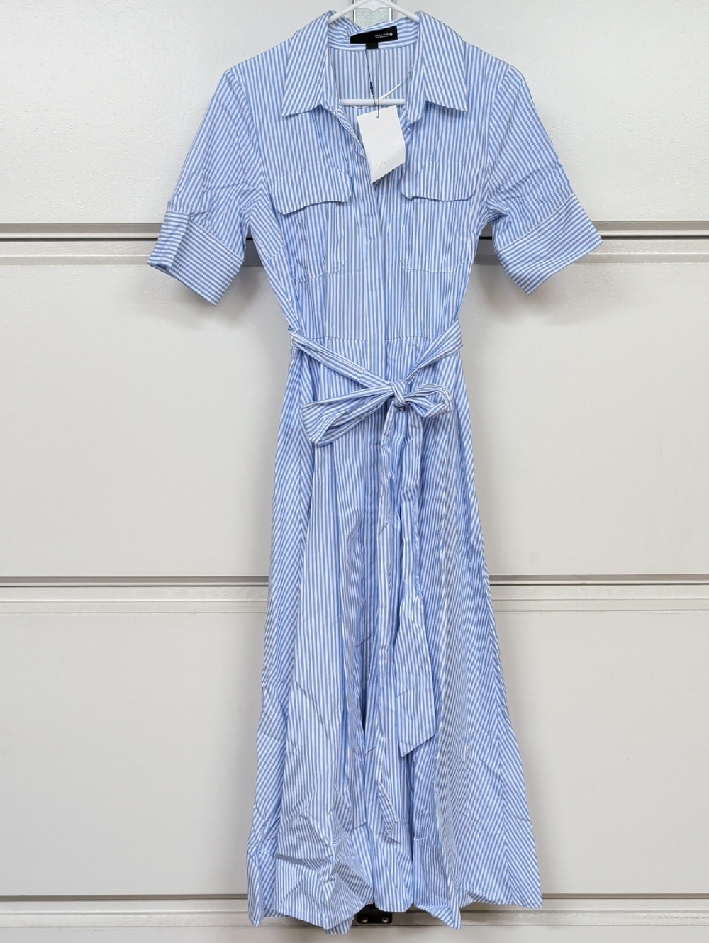 Zara Blue and White Striped Maxi Poplin Shirt dress Waist Tie S M NWT 2640/596 - Picture 11 of 17